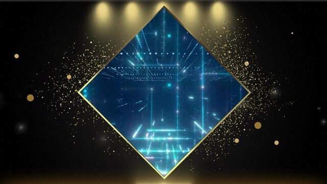 Glowing blue diamond shapes with gold confetti and lights on black background for celebration and event decoration