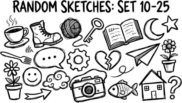 Black and White Hand-Drawn Sketch Doodles: Set of Everyday Objects, Symbols, and Abstract Concepts - Coffee, Book, Home, Love, Idea Elements