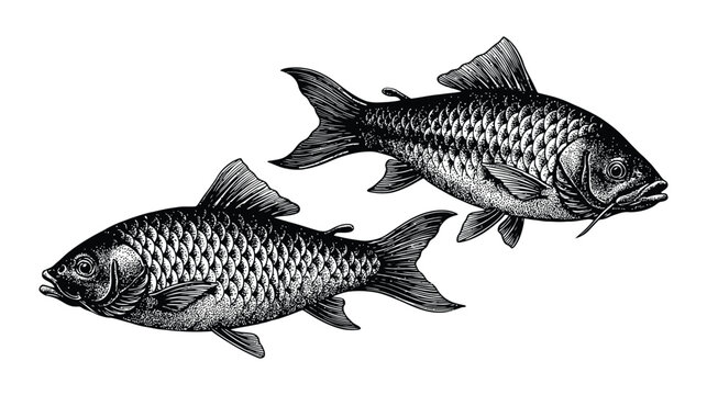 Vintage engraving of two freshwater carp fish swimming together