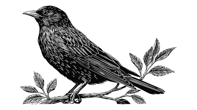 Antique engraving of a songbird perched on a leafy tree branch