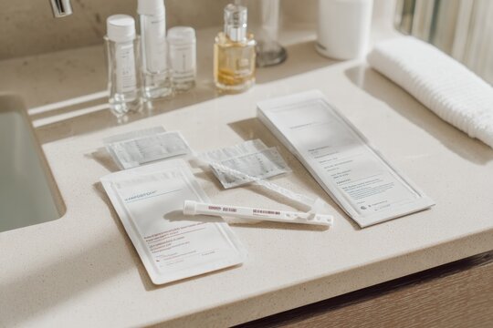 At-home microbiome test kit with sample collection tube on bathroom counter
