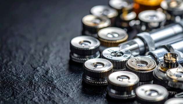 Microscope objective lenses of various magnifications displayed