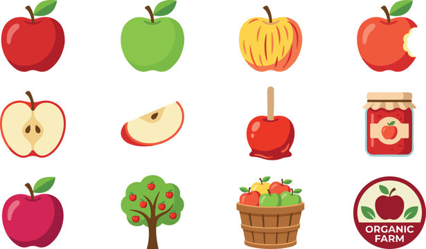Apple Vector Icon Set with Fresh Red, Green, and Striped Apples, Tree, Jam, and Basket for Organic Farm Graphic Designs