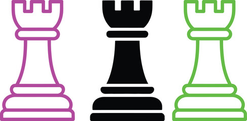 Three distinct colored chess rooks standing side by side on a plain background © MelonChandro