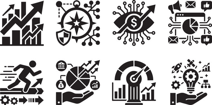 Global business analytics predictive market forecasting financial growth optimization and digital strategy navigation solid glyph icons set with multi dimensional ascending bar charts secure planning 