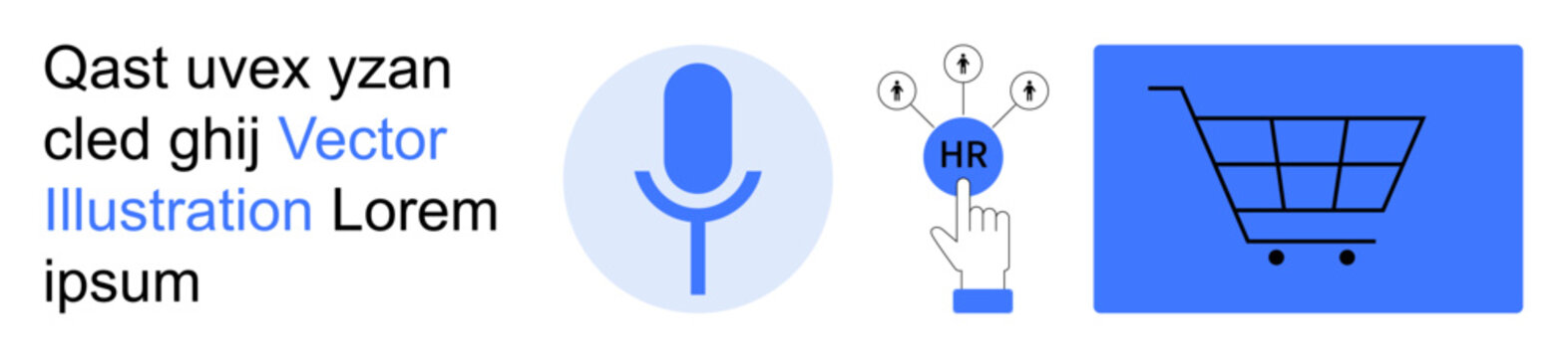 Human resources, digital shopping, voice control, technology interfaces, online services, productivity tools. A microphone, HR touchpoint and a shopping cart icon. Human resources and digital