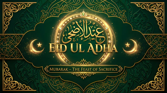 Traditional green and gold arabesque pattern background for Eid al-Adha and Eid Mubarak festival celebration with elegant islamic ornaments for premium wallpaper and card design asset