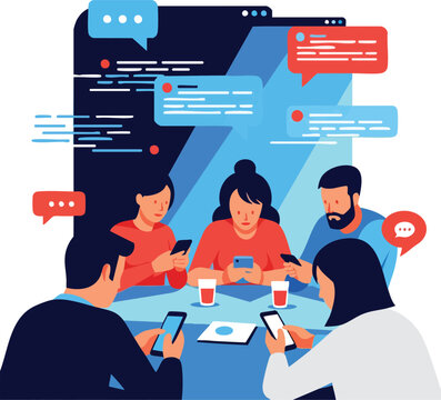 Group of people using smartphones sitting around table social isolation