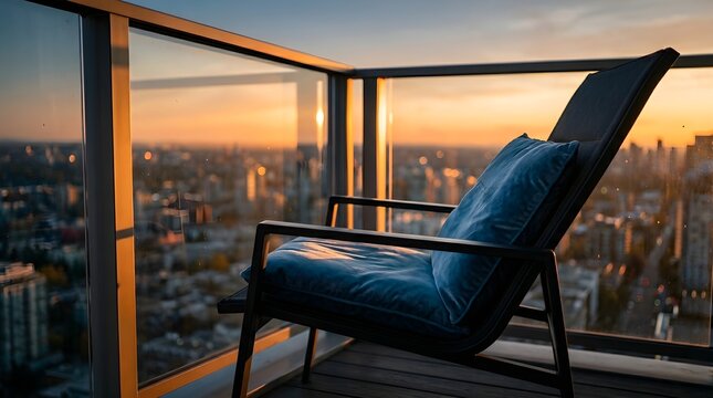 Chair sits on a glass balcony overlooking a sprawling urban landscape during the golden hour.
