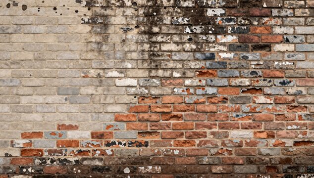 Distressed brick wall shows signs of age and weathering