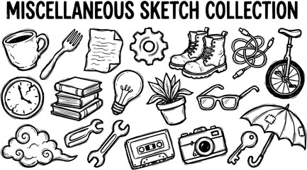 Black and White Line Art Collection of Miscellaneous Objects: Boots, Camera, Umbrella, Books, Clock, Mug, Fork, Gear, Glasses, Lightbulb, Plant, Tools, Cloud, Cassette, Keys, Unicycle, Cables © arulumia