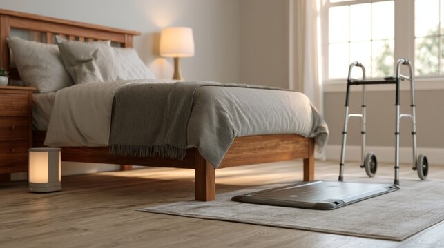 Smart fall detection mat with walker in modern bedroom