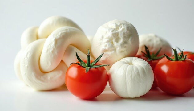Fresh tomatoes and white mozzarella cheese balls are arranged together on a clean white background. Some cheese is in a braided shape others are round. Ingredients for Italian Caprese salad.