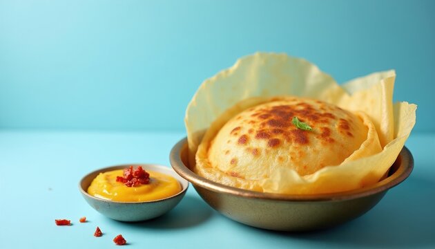 Appam hopper pancake with golden crust sits in bowl. Small dish holds yellow sauce with red topping. Food styled for culinary magazine, recipe book, or restaurant menu.