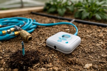 Naklejka premium Soil moisture sensor and irrigation controller with blue hose on greenhouse soil