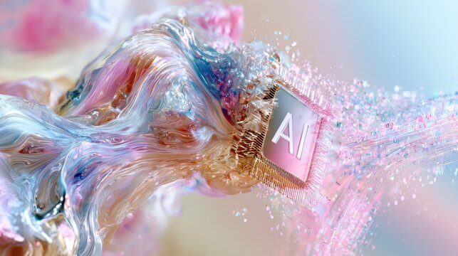 Abstract AI processor with futuristic liquid data and neural technology