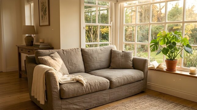Sofa rests against a large window filled with natural sunlight and a vibrant green potted plant.