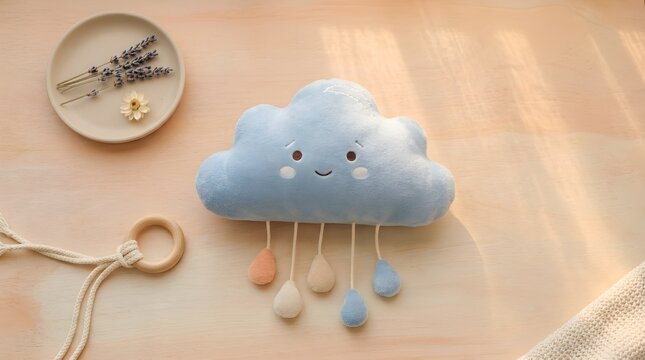 Cloud plush toy with rain droplets hangs on a soft nursery background with a gentle sunlight.