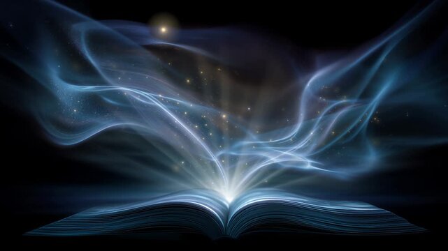 Blue particle wings emerging from book, luminous digital pages opening into flowing data streams and golden sparks, ethereal motion over black background,