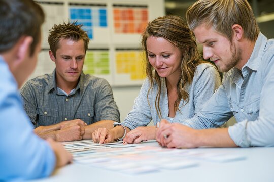 Team collaborating on project planning with index cards in office