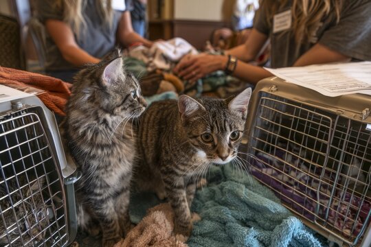 Two Tabby Cats at Pet Adoption Event with Carriers and Volunteers