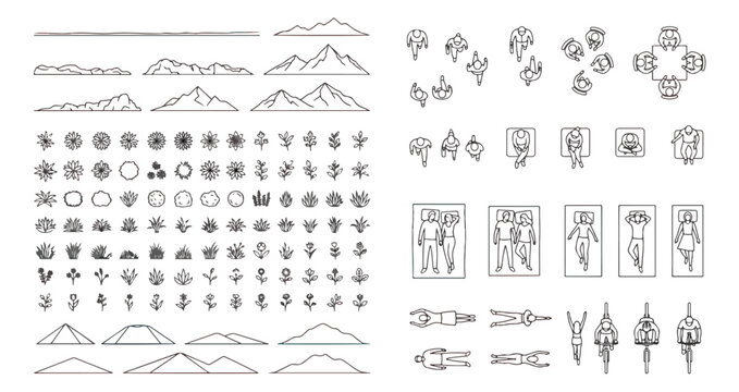 Minimalist architectural vector symbols, thin line landscape elements and human figures, modern site plan icons for masterplan rendering