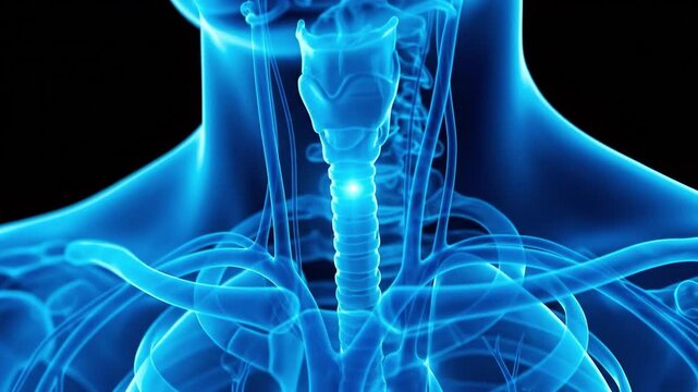 3D medical visualization of human trachea and larynx anatomy. Suitable for healthcare presentations, medical research, clinical studies, and education.