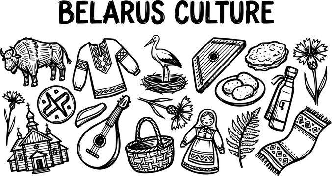 Belarus Culture Symbols Line Art - Bison, Traditional Clothing, Stork, Dulcimer, Food, Church, Guitar, Doll, Shawl