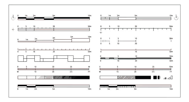 Architectural scale bar collection, technical map ruler vector set, professional drafting measurement tools for blueprints and floor plans