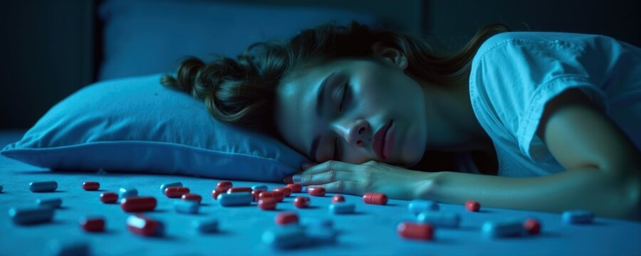 Young woman slepic near scattered pills on blue bed. She looks peaceful despite the medication surrounding her. Scene suggests troubled sleep or reliance on drugs for rest.