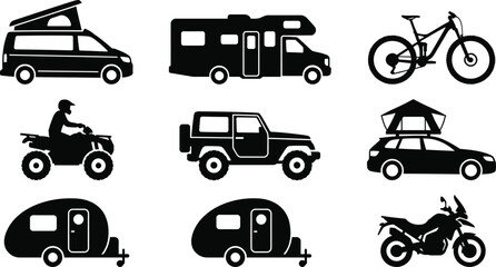 Collection of travel vehicles and recreational transport silhouettes isolated on transparent background © najmulhusan120