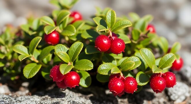 Fresh red lingonberry berries growing on a green bush in the wild forest during a sunny summer day. american bearberry 