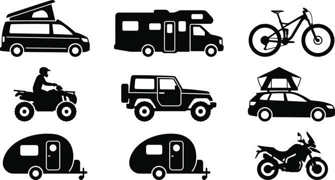 Collection of travel vehicles and recreational transport silhouettes isolated on transparent background