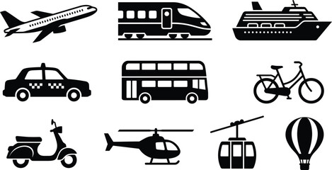Collection of various transportation modes in black silhouettes isolated on transparent background © najmulhusan120