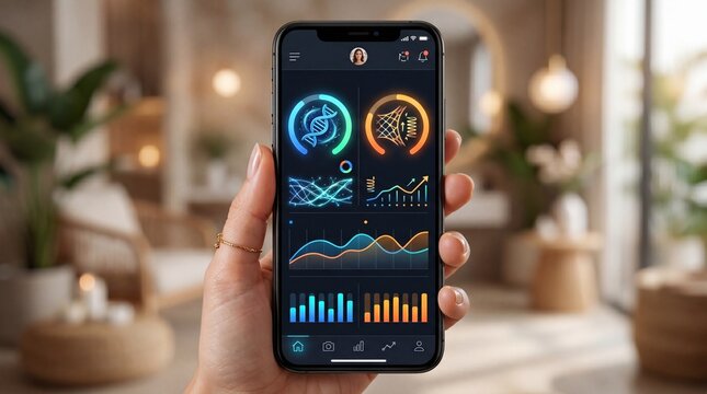Anti aging tracking UI health monitoring DNA analysis wellness dashboard mobile app futuristic interface biometric data lifestyle technology graph modern indoor Anti aging tracking UI health
