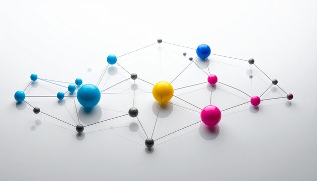 Colorful spheres connected by lines on clean white background