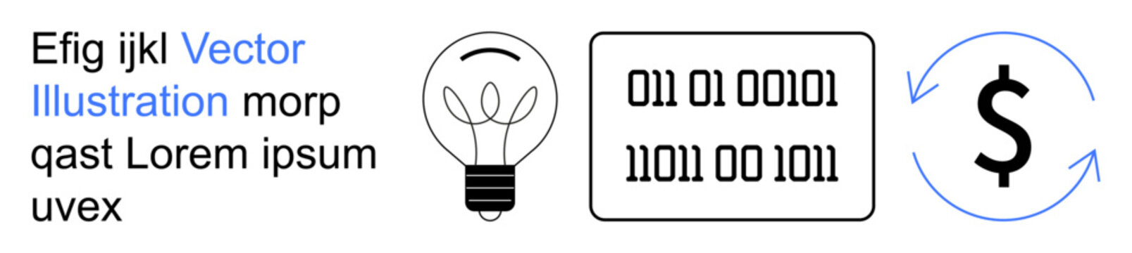 Technology, innovation, financial systems, creativity, binary code, digital economy. Light bulb, binary numbers dollar sign surrounded by arrows. Technology and innovation visual
