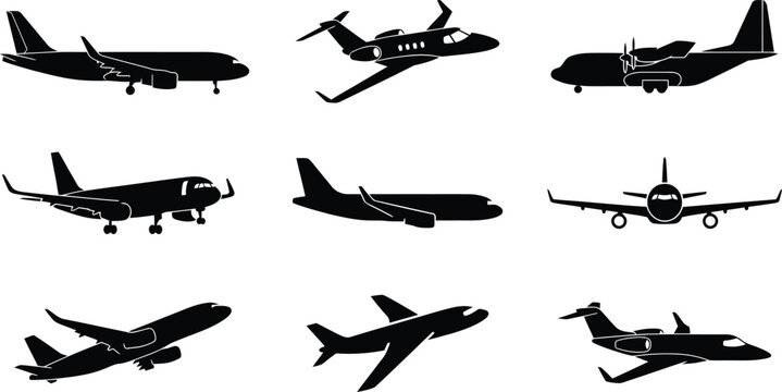 Collection of black airplane silhouettes in various flight positions isolated on transparent background