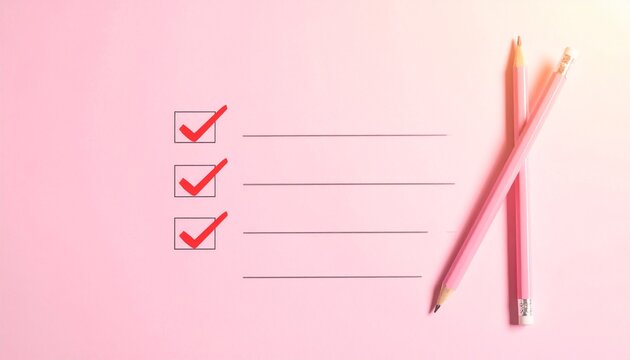 Checklist with red marks and pink pencil on gradient background