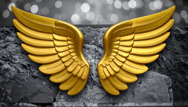 Golden wings on stone background symbolizing freedom and divinity