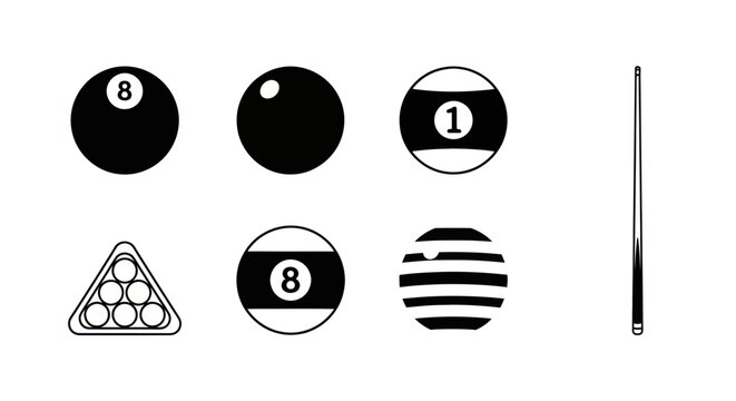 Billiard Balls and Cue Stick - Set of Icons and Graphics