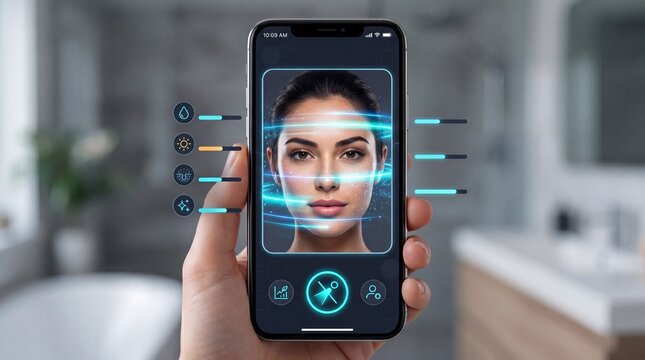 Face scan interface UI biometric identification digital security futuristic technology mobile phone artificial intelligence facial recognition woman authentication innovation modern blue
