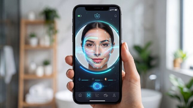 Face scan interface UI biometric identification digital security futuristic technology facial recognition mobile phone woman modern bathroom authentication innovation privacy verification