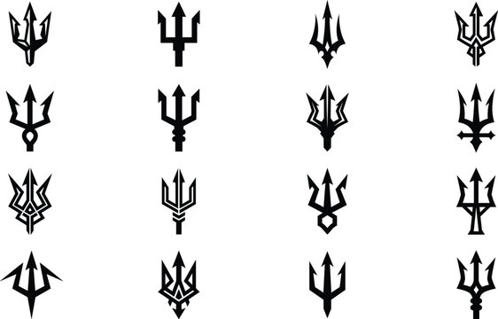 Collection of black trident vector icons featuring geometric and tribal style mythological symbols for gaming logo design