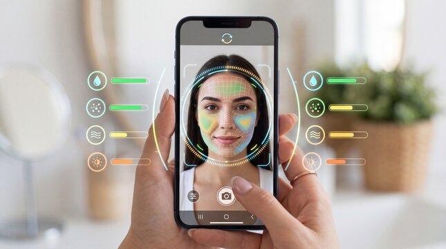 Face scan interface UI woman holding smartphone facial recognition augmented reality digital analysis technology biometric skin analysis futuristic indoor smiling