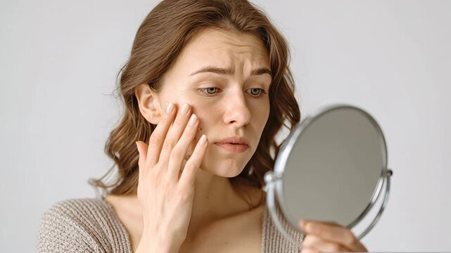 White woman checking skin in mirror, freckled face examined closely with fingertips, natural light on minimal vanity, beauty influencer testing serum, clinic