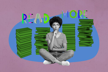 Obraz premium Pop art full zine photo collage of happy girl guy sit library academic book stack education learner pencil ruler read more letters