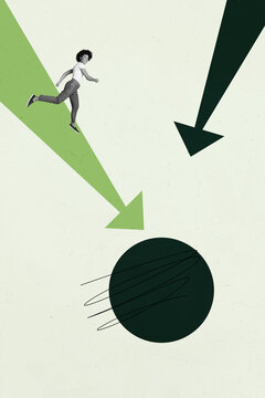 Trendy 3d poster image photo collage of inexperienced businesswoman businessman stand arrow decline regress statistics down