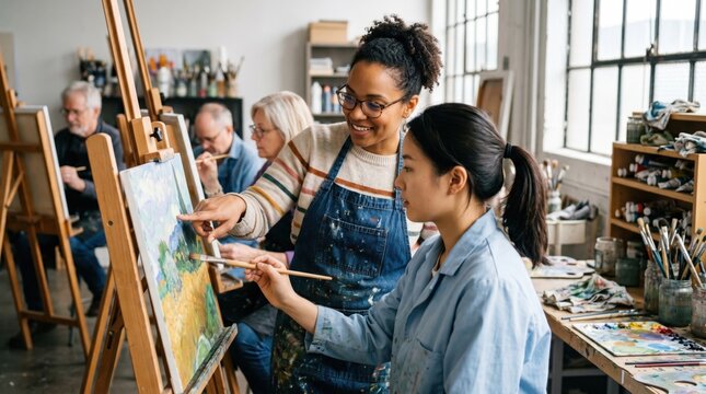 Smiling art instructor mentoring a young woman in a bright, sunlit studio workshop class with diverse senior students, showcasing collaboration, creative learning, and hobby education.