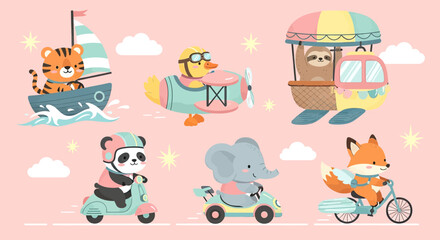 Obraz premium Set of Cute Cartoon Animals Traveling in Different Vehicles, Tiger in Boat, Duck in Plane, Panda on Scooter, Elephant in Car, Fox on Bicycle, Sloth in Balloon Vector Illustration